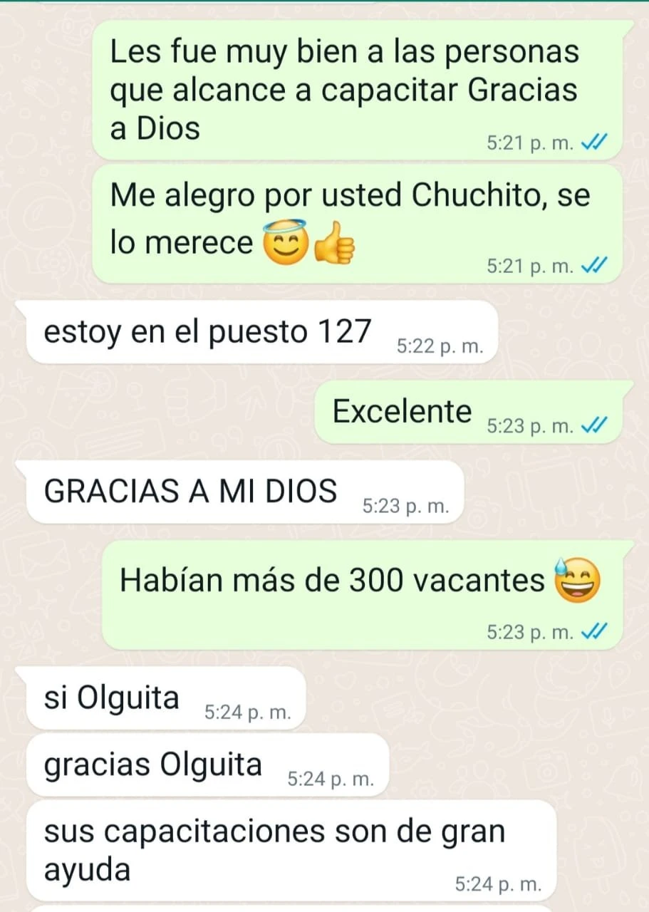 Testimonio sobre resultados en un concurso de méritos y preparación en Cinar Sistemas Pasto