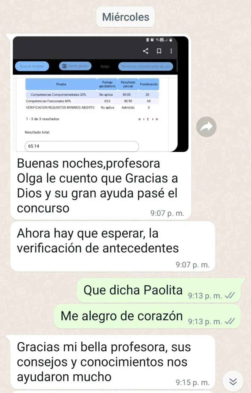 Testimonio con resultado de una prueba y agradecimiento a una docente de Cinar Sistemas Pasto