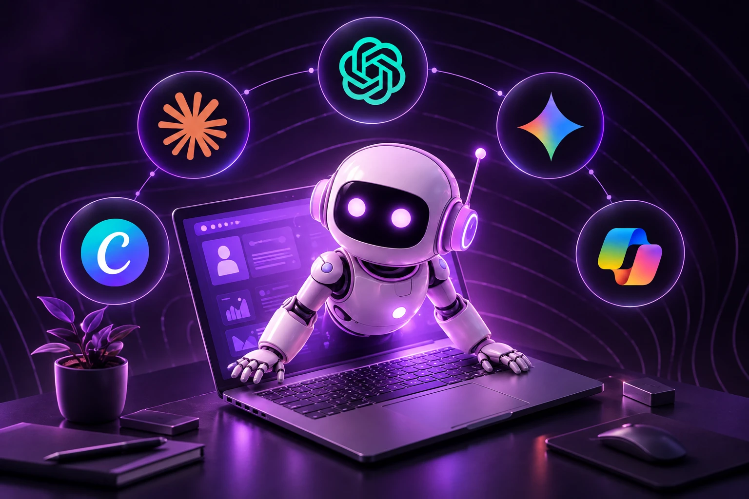 Curso de Inteligencia Artificial presencial y virtual en Cinar Sistemas Pasto: robot asistente con un portátil y logos de herramientas de IA