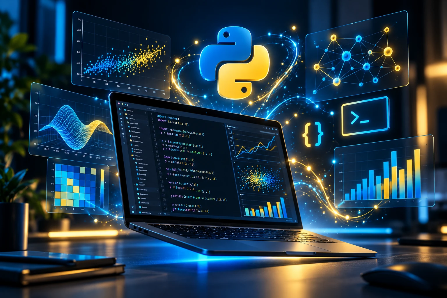 Curso de Programación en Python presencial y virtual en Cinar Sistemas Pasto: portátil con código y visualizaciones de datos en Python